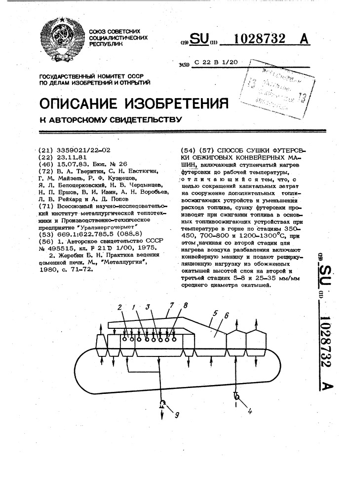 Способ сушки футеровки обжиговых конвейерных машин (патент 1028732)