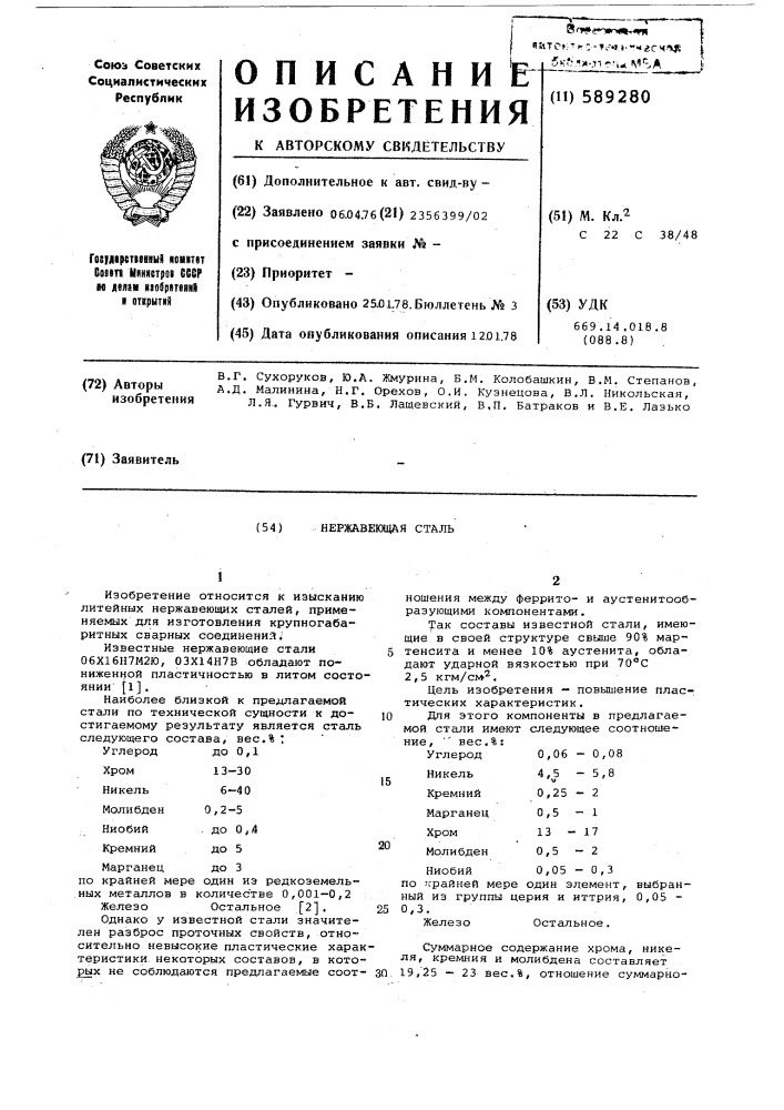 Нержавеющая сталь (патент 589280)