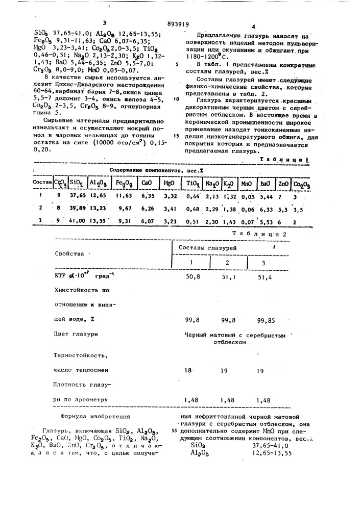 Глазурь (патент 893919)