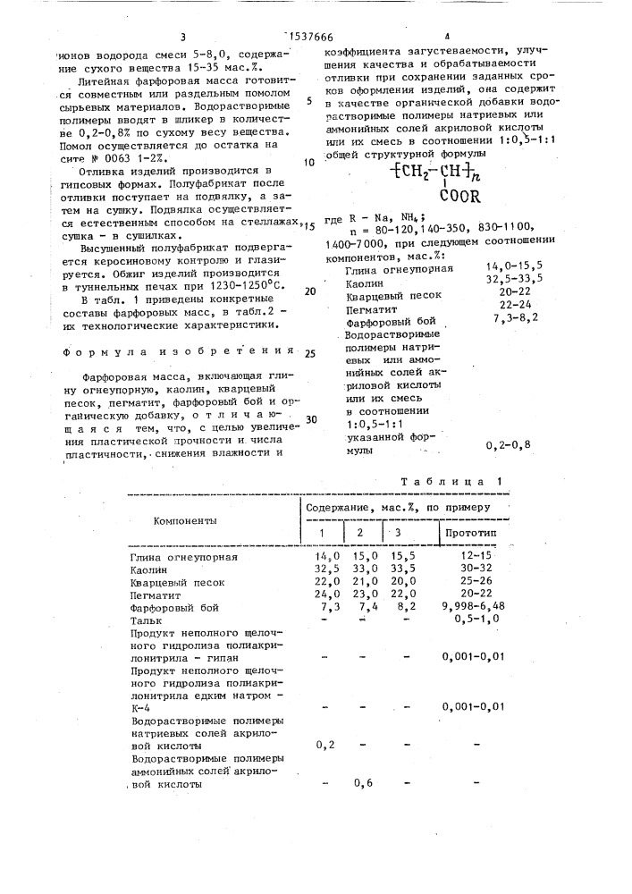 Фарфоровая масса (патент 1537666)