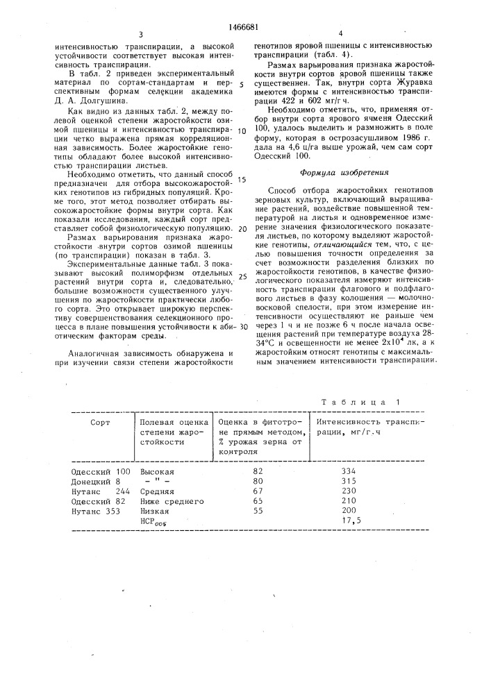 Способ отбора жаростойких генотипов зерновых культур (патент 1466681)