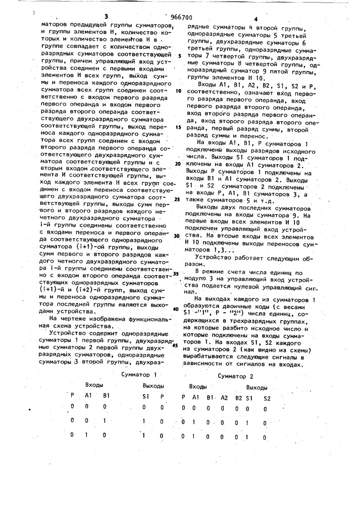 Устройство для подсчета числа двоичных единиц (патент 966700)