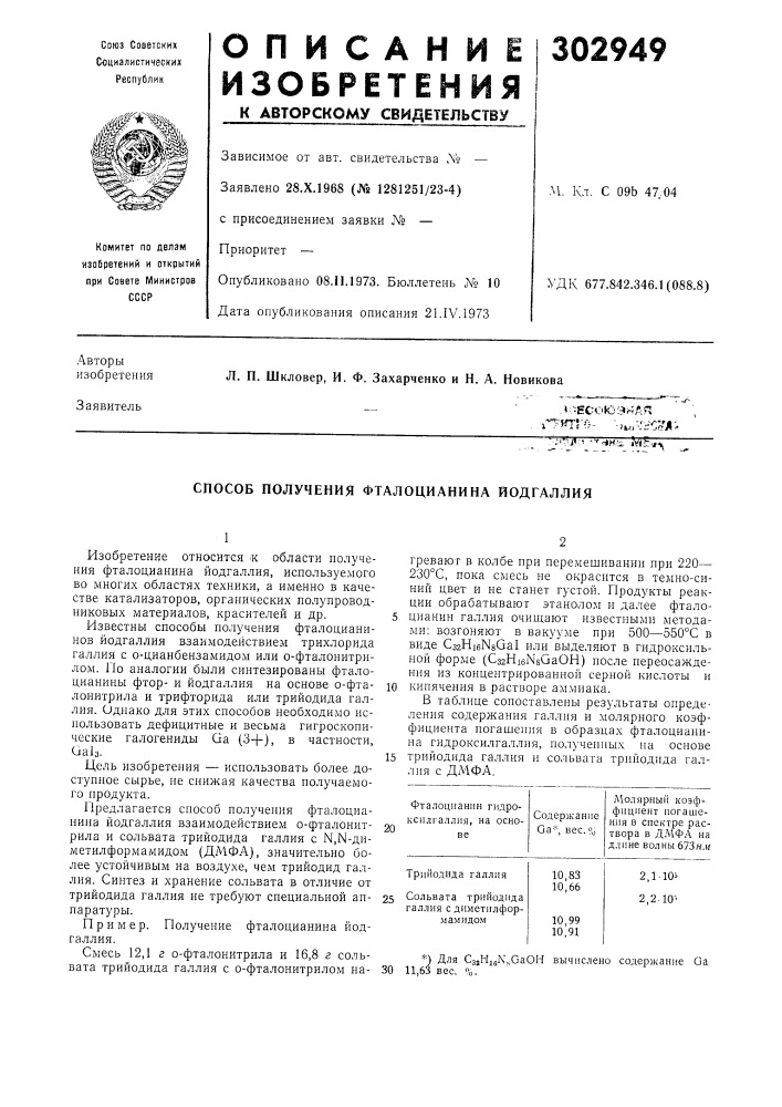 Способ получения фталоцианина йодгаллия (патент 302949)