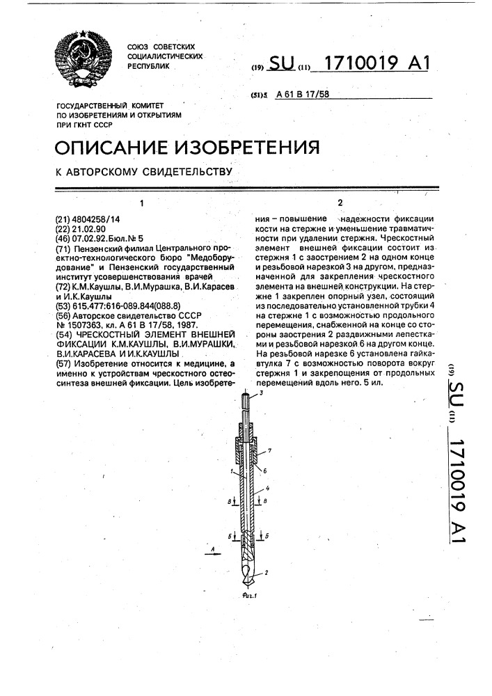 Чрескостный элемент внешней фиксации к.м.каушлы, в.и.мурашки, в.и.карасева и и.к.каушлы (патент 1710019)
