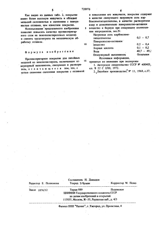 Противопригарное покрытие для литейных моделей из пенополистирола (патент 728976)