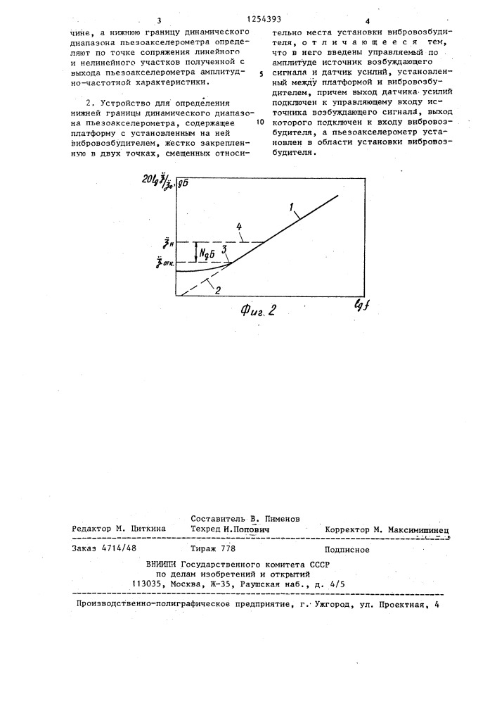 Способ определения нижней границы динамического диапазона пьезоакселерометра и устройство для его осуществления (патент 1254393)