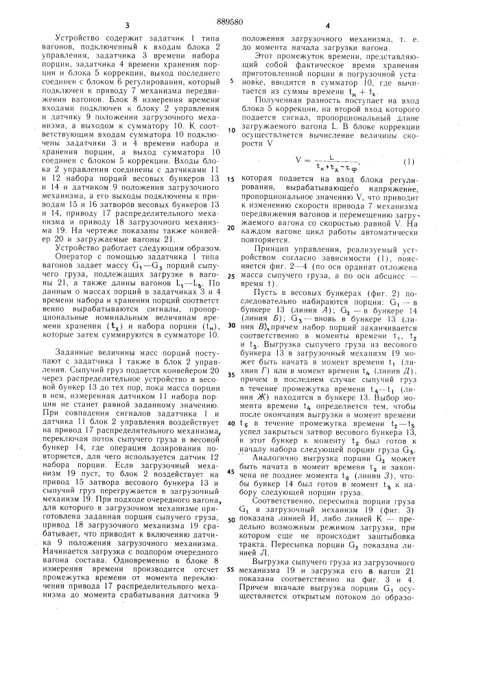 Устройство автоматического управления установкой для загрузки вагонов дозированными порциями сыпучего груза (патент 889580)