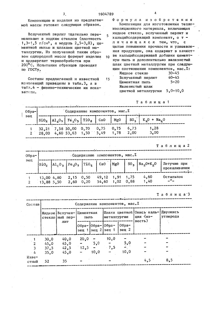 Композиция для изготовления теплоизоляционного материала (патент 1604789)
