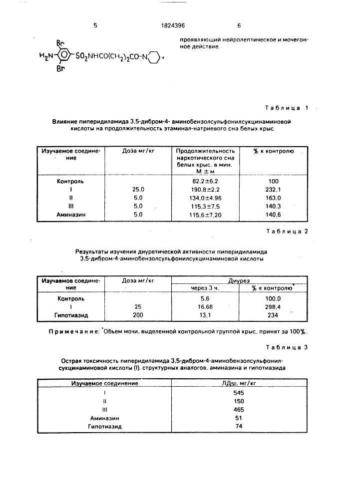 Пиперидиламид 3,5-дибром-4- аминобензолсульфонилсукцинаминовой кислоты, проявляющий нейролептическое и мочегонное действие (патент 1824396)