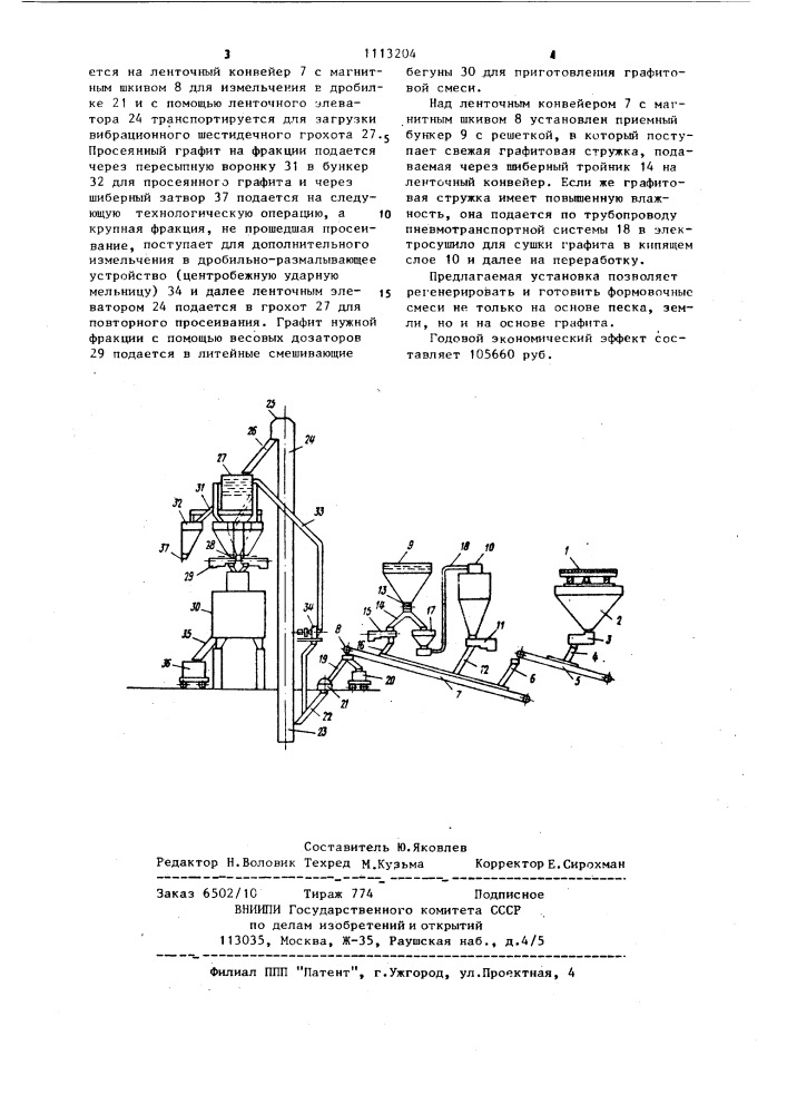 Комплексная механизированная линия приготовления формовочных смесей (патент 1113204)