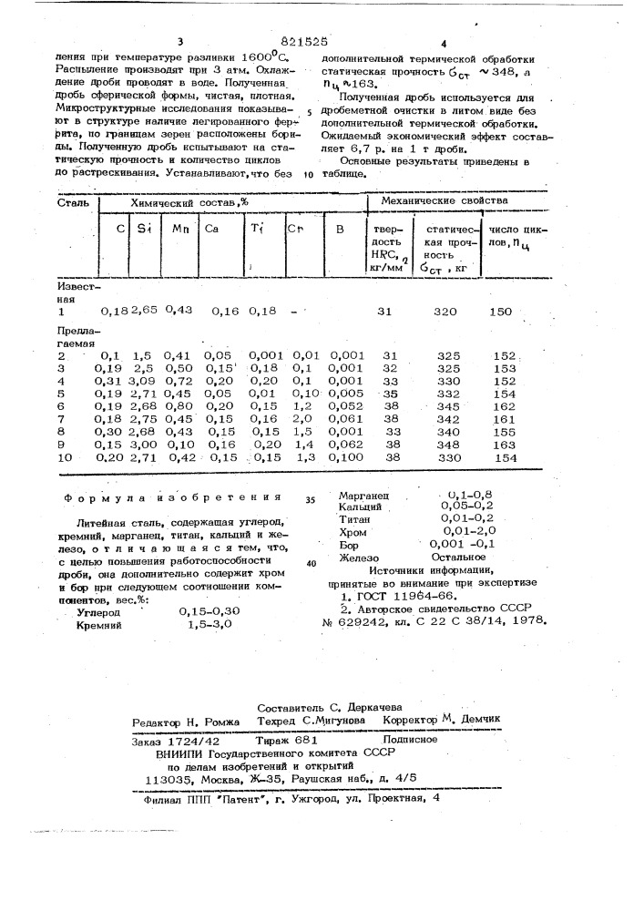 Литейная сталь (патент 821525)