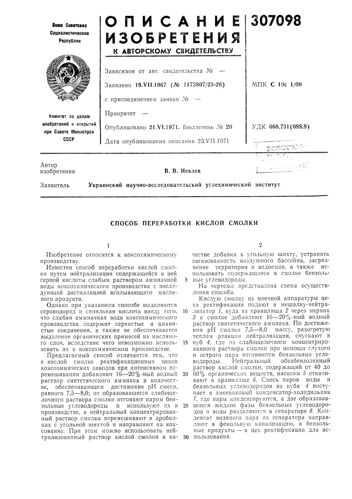 Способ переработки кислой смолки (патент 307098)