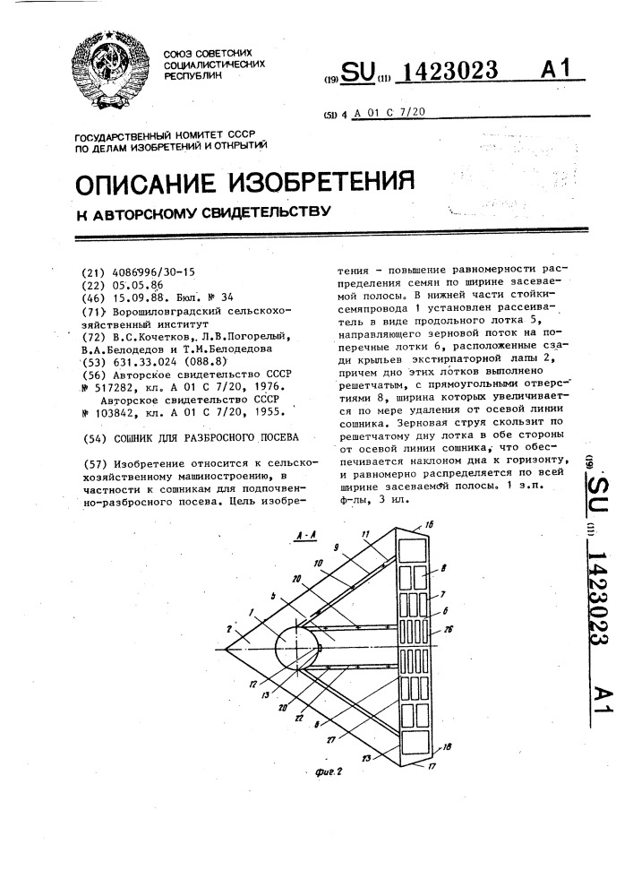 Сошник для разбросного посева (патент 1423023)