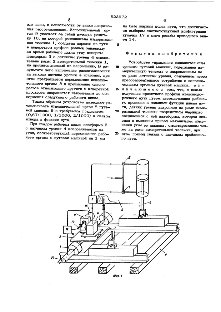 Устройство управления исполнительным органом путевой машины (патент 523972)