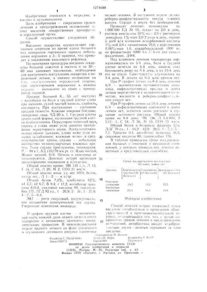 Способ лечения острых пневмоний (патент 1274688)