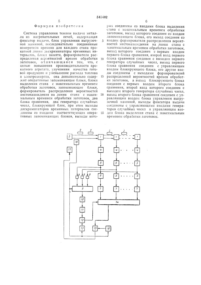 Система управления темпом выдачи металла из нагревательных печей (патент 545402)