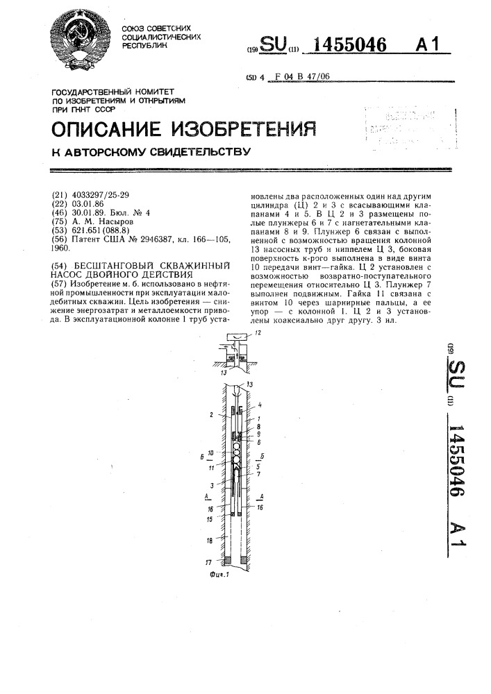 Бесштанговый скважинный насос двойного действия (патент 1455046)
