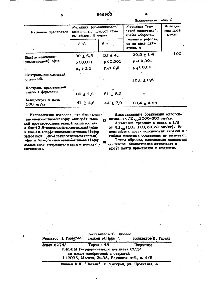 Бис (арилселенометиловые)эфиры,проявляющие противовоспалительную и анальгетическую активности (патент 866966)