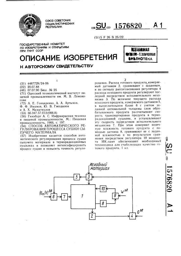 Способ автоматического регулирования процесса сушки сыпучего материала (патент 1576820)