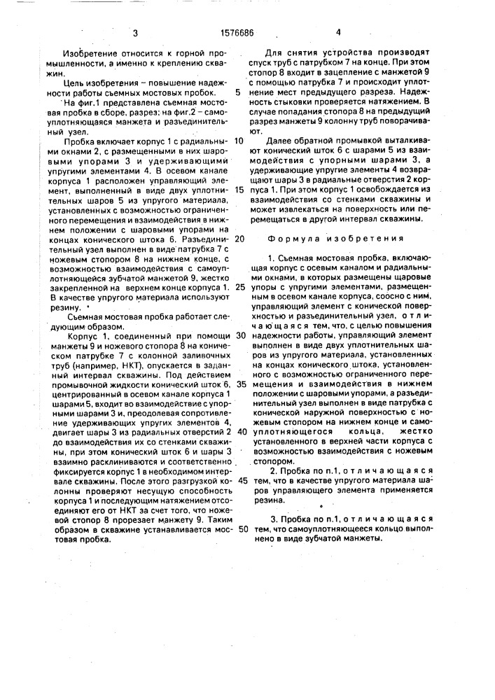 Съемная мостовая пробка (патент 1576686)