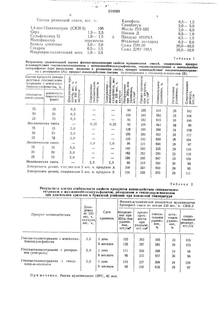 Резиновая смесь на основе 1,4-цис-полиизопрена (патент 518509)