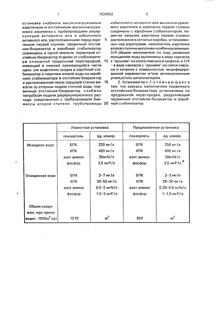 Установка глубокой биологической очистки сточных вод и обработки осадков (патент 1834862)