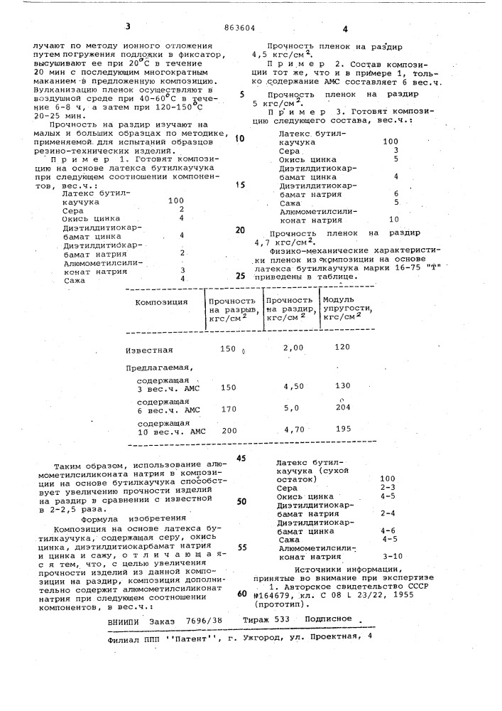 Композиция на основе латекса бутилкаучука (патент 863604)