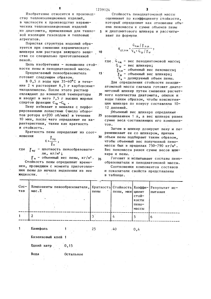 Пенообразователь для теплоизоляционных диатомовых изделий (патент 1239124)