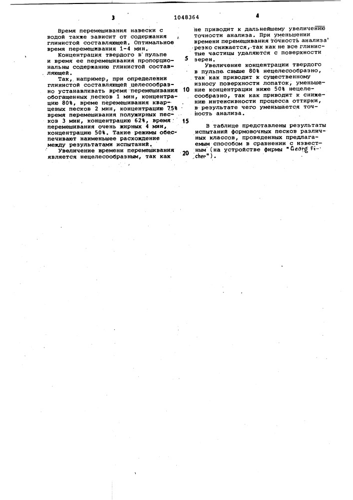 Способ испытания формовочных материалов на содержание глинистой составляющей (патент 1048364)