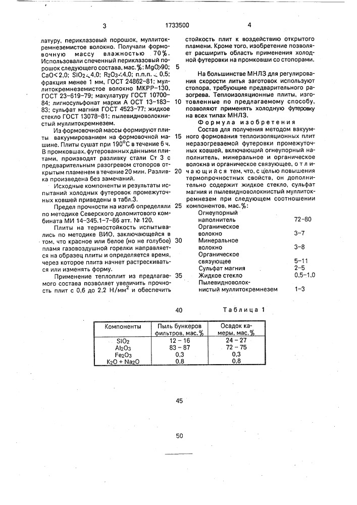 Состав для получения методом вакуумного формования теплоизоляционных плит неразогреваемой футеровки промежуточных ковшей (патент 1733500)