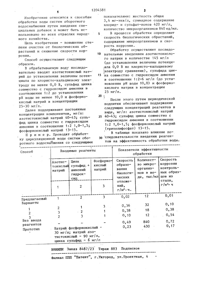 Способ обработки воды систем оборотного водоснабжения (патент 1204581)
