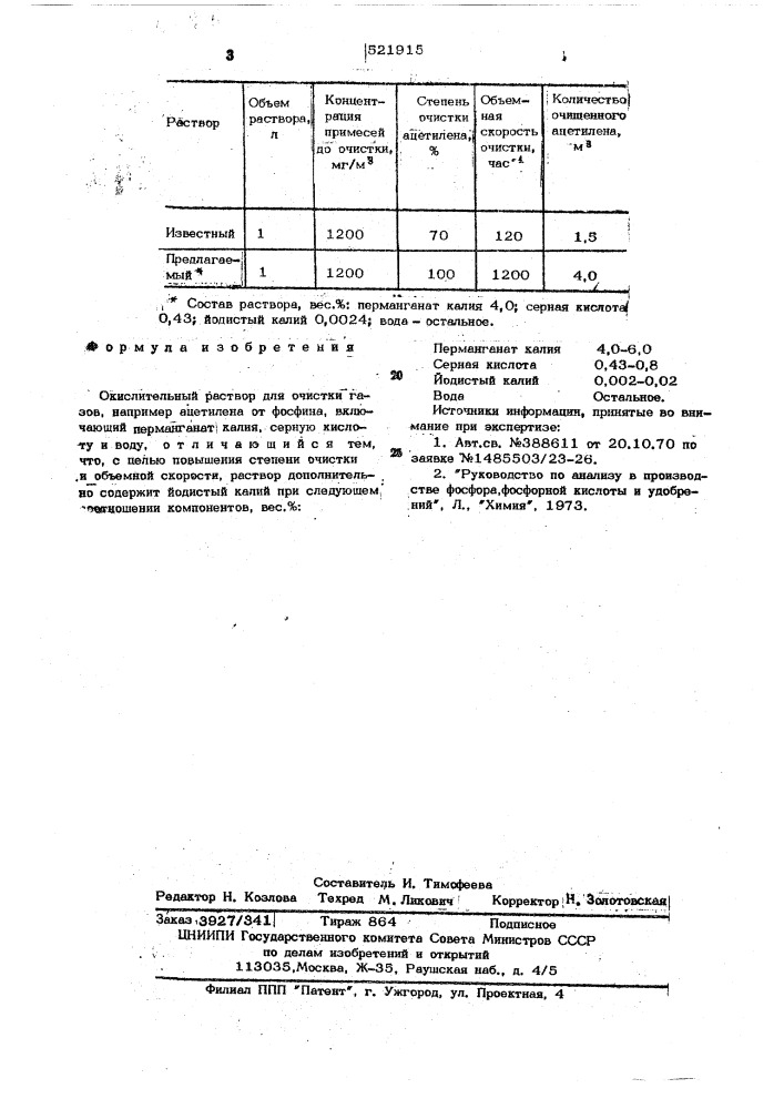 Окислительный раствор для очистки газов,например,ацетилена от фосфина (патент 521915)