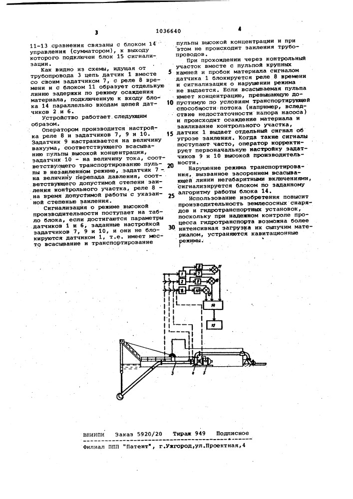 Устройство для контроля процесса гидротранспортирования сыпучих материалов по трубопроводу (патент 1036640)