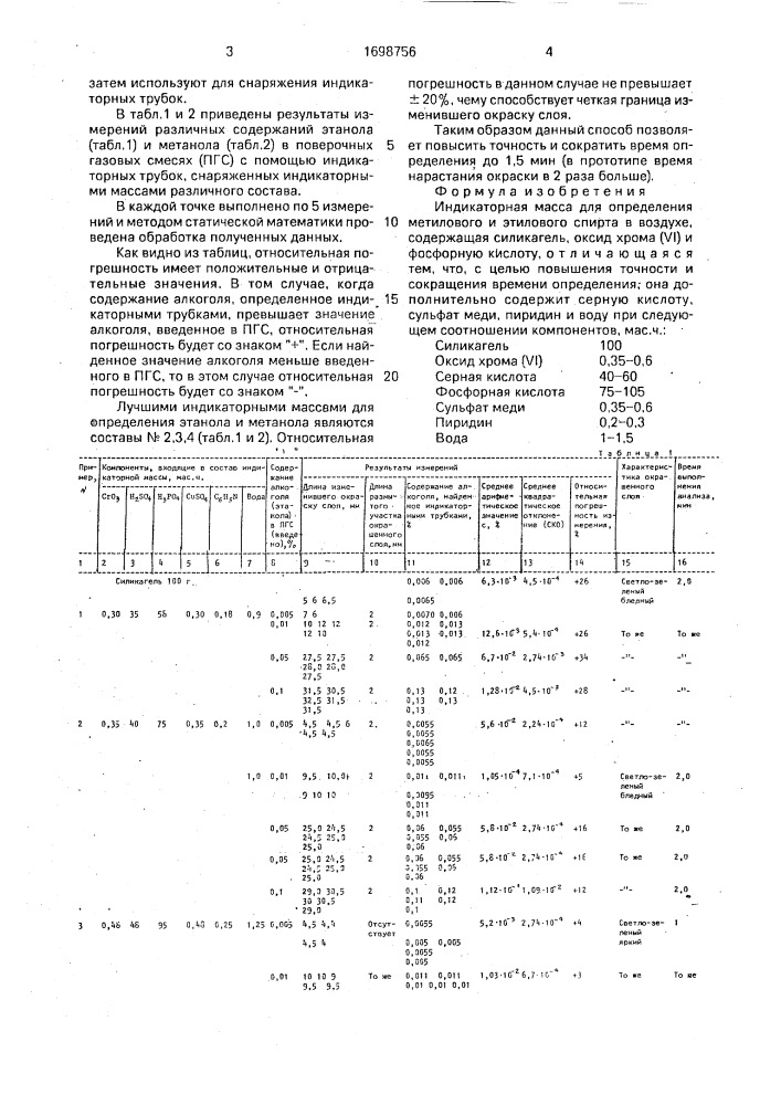 Индикаторная масса для определения метилового и этилового спирта в воздухе (патент 1698756)