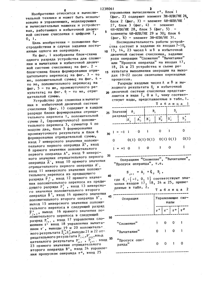 Устройство для сложения и вычитания в избыточной двоичной системе счисления (патент 1238061)