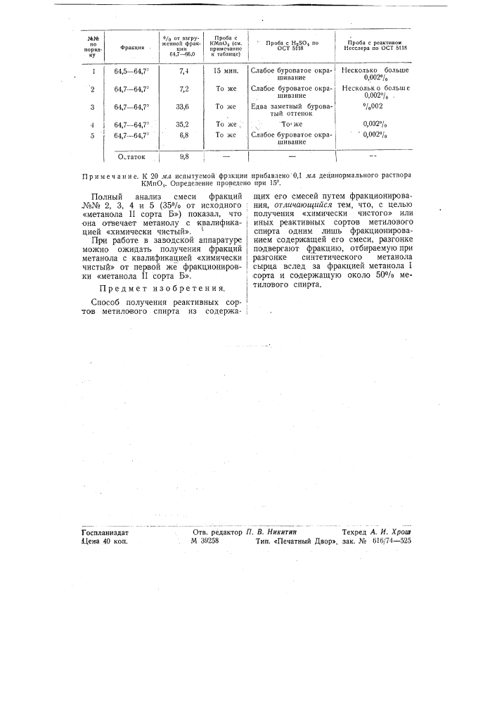 Способ получения реактивных сортов метилового спирта (патент 58217)