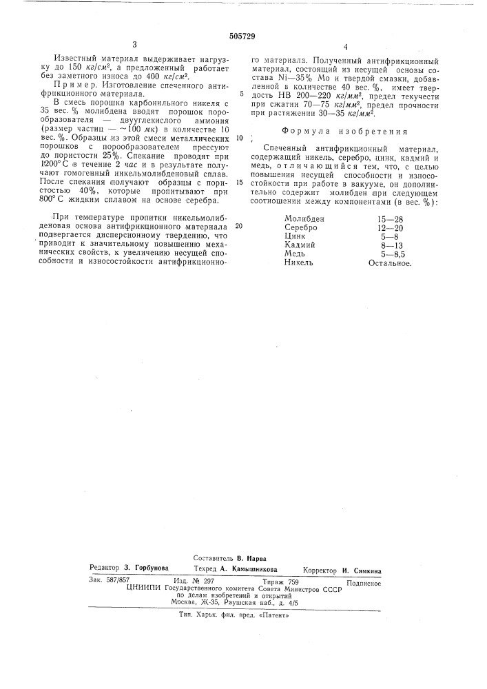 Спеченный антифрикционный материал (патент 505729)