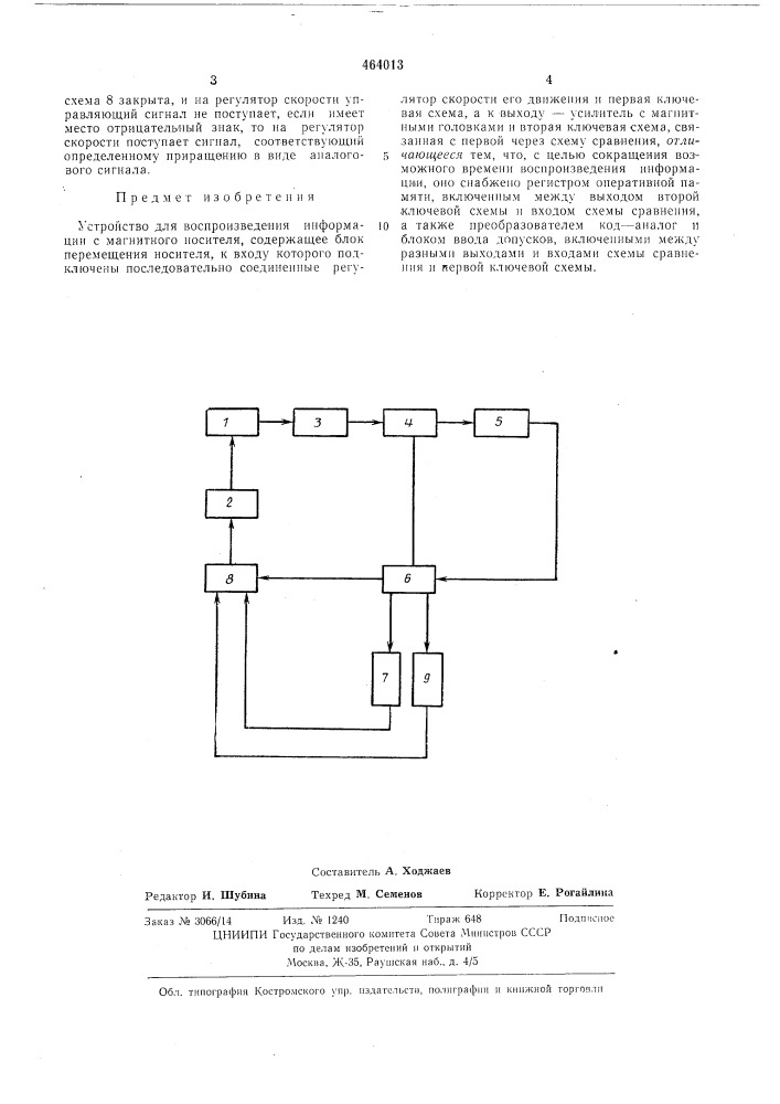 Устройство для воспроизведения информации с магнитного носителя (патент 464013)