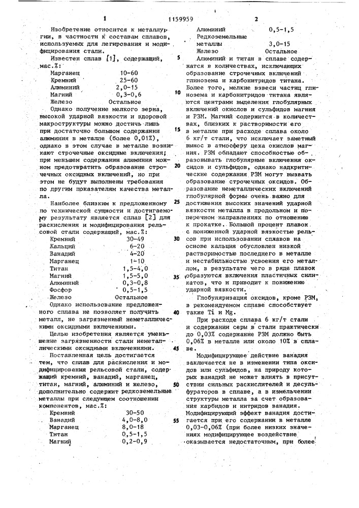 Сплав для раскисления и модифицирования рельсовой стали (патент 1159959)