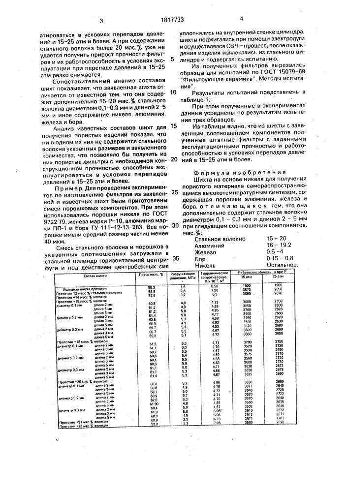 Шихта на основе никеля для получения пористого материала самораспространяющимся высокотемпературным синтезом (патент 1817733)