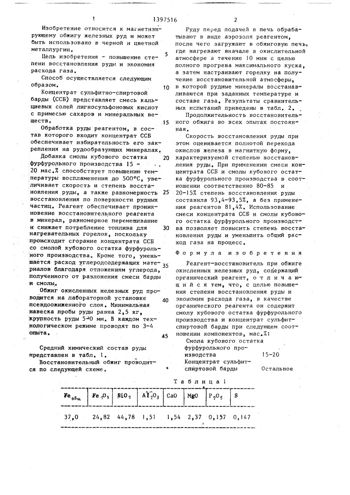 Реагент-восстановитель при обжиге окисленных железных руд (патент 1397516)
