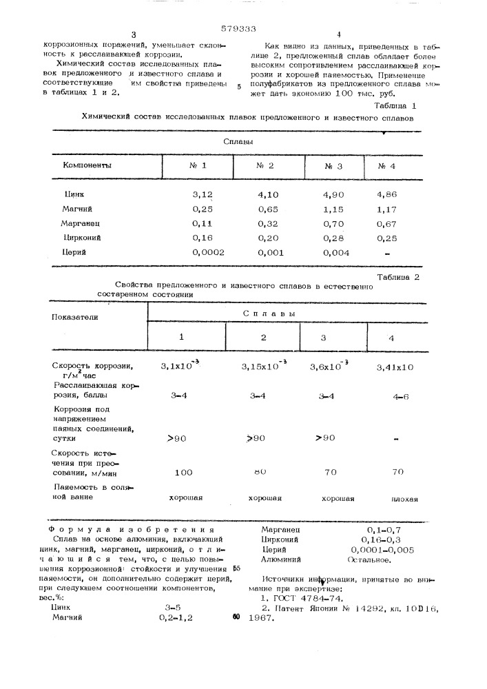 Сплав на основе алюминия (патент 579333)