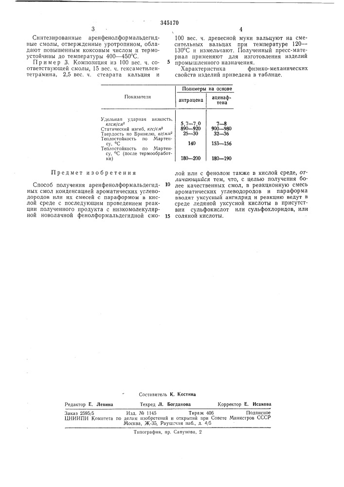 Способ получения аренфенолформальдегидныхсмол (патент 345170)