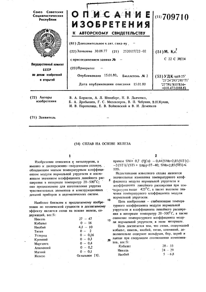 Сплав на основе железа (патент 709710)