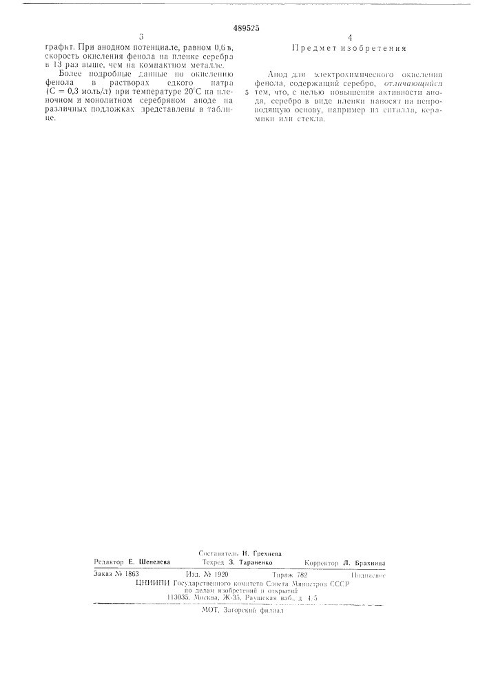 Анод для электрохимического окисления фенола (патент 489525)