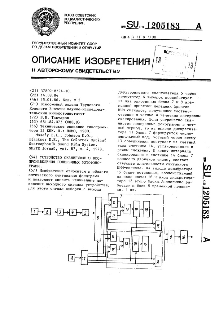 Устройство сканирующего воспроизведения поперечных фотофонограмм (патент 1205183)