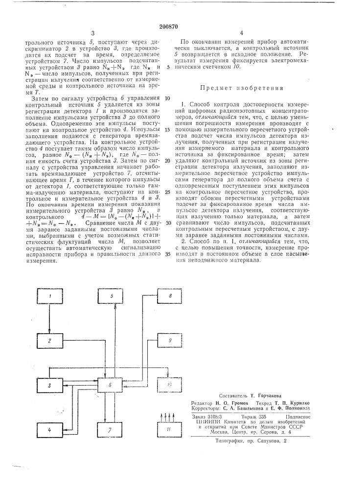 Способ контроля достоверности изгу\ерений цифровых радиойзотопных кон1лектратол1еров (патент 200870)