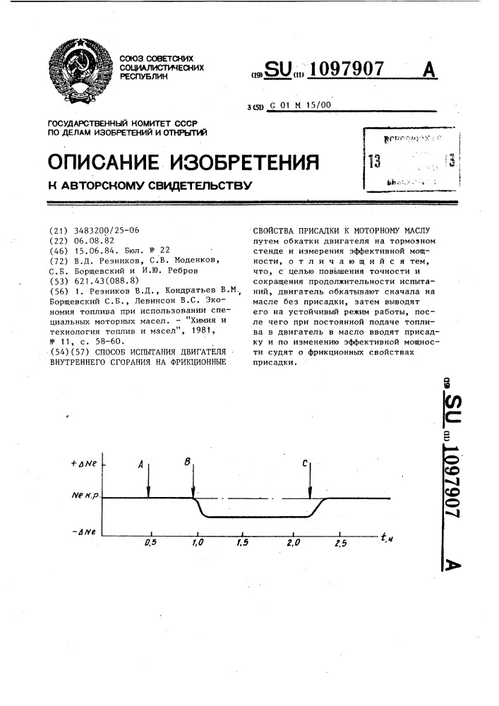 Способ испытания двигателя внутреннего сгорания на фрикционные свойства присадки к моторному маслу (патент 1097907)