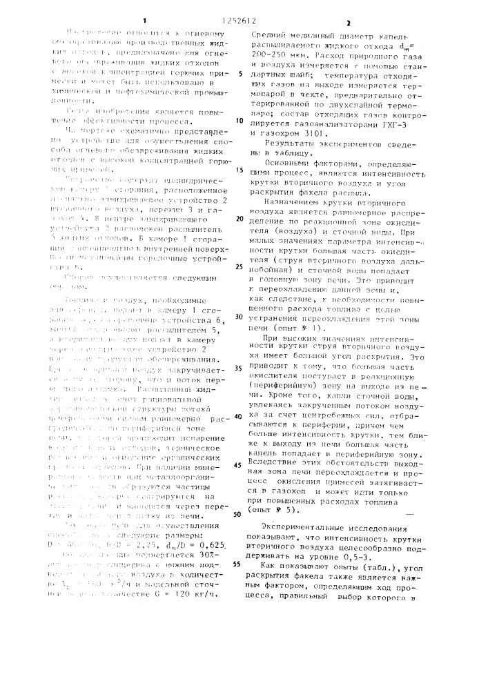 Способ огневого обезвреживания жидких отходов с высокой концентрацией горючих примесей (патент 1252612)
