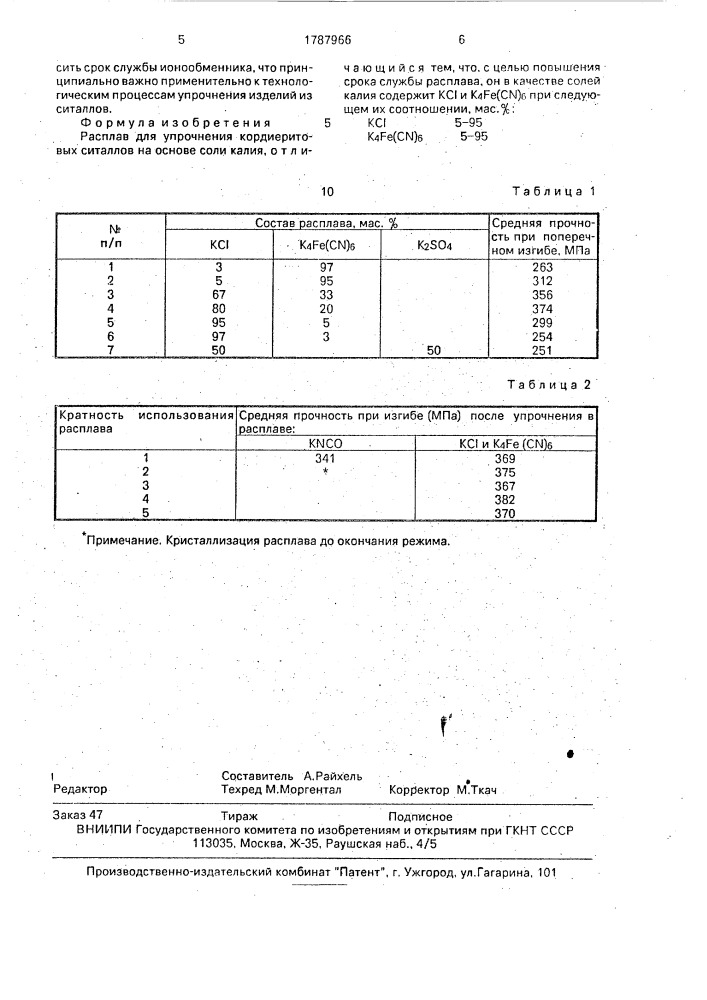 Расплав для упрочнения кордиеритовых ситаллов (патент 1787966)